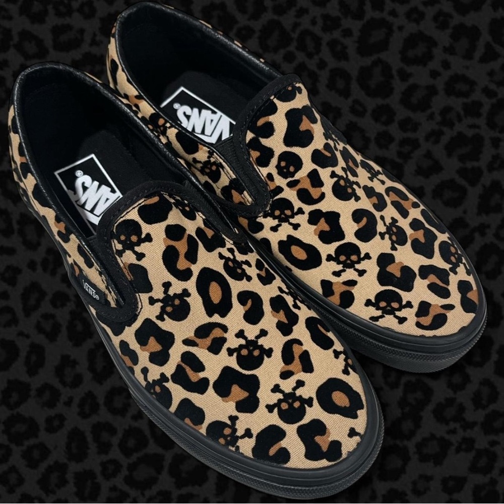 Vans Slip-On Sneakers with Tan Leopard & Black Skull Print